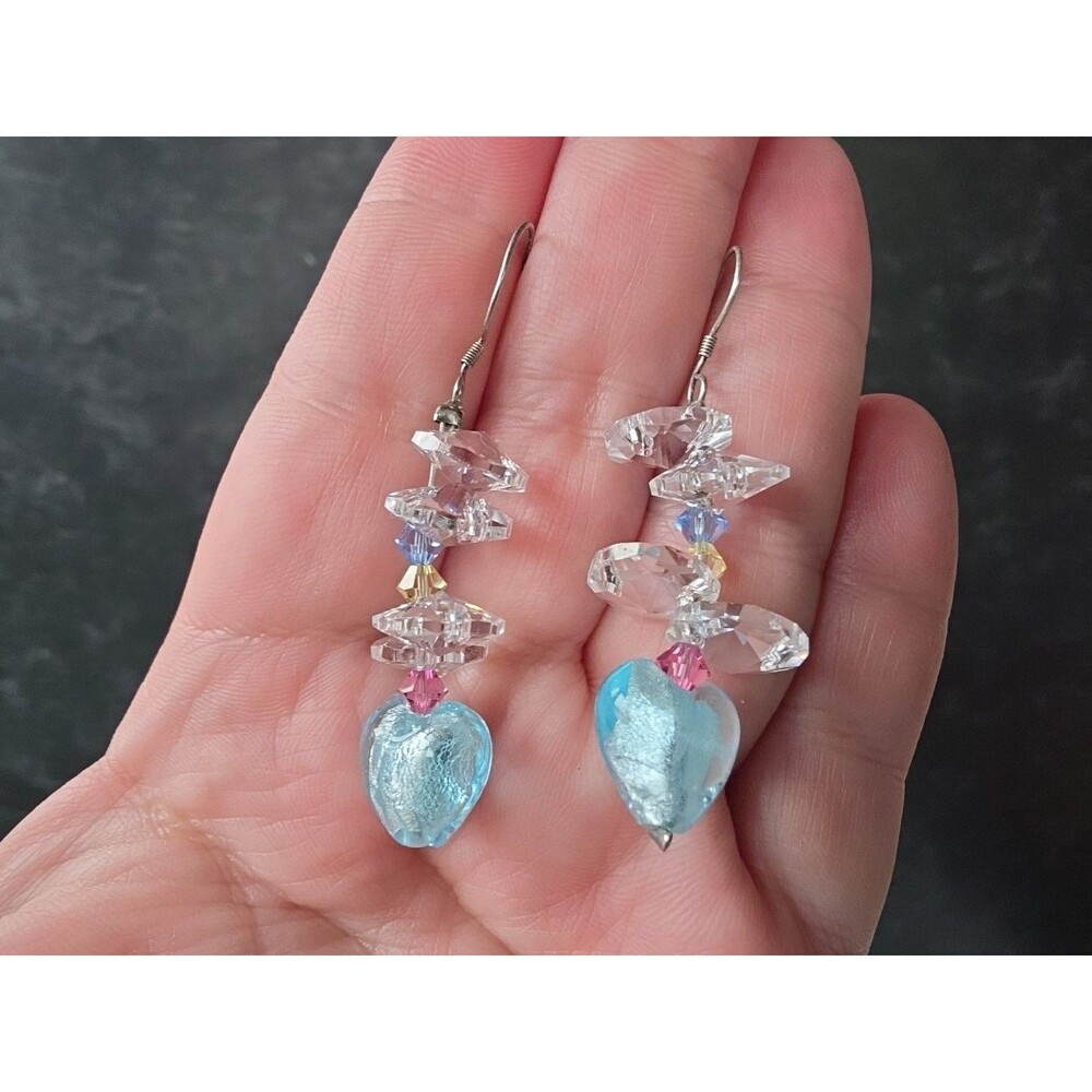 925 Sterling Silver Glass Beaded Heart-shaped Dangling Pierced Earrings READ